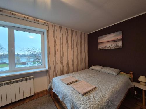 een slaapkamer met een bed en een groot raam bij Kesklinna silla apartment - free parking in Pärnu