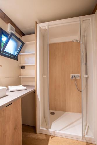 a shower with a glass door in a bathroom at Bavella Vista in Zonza