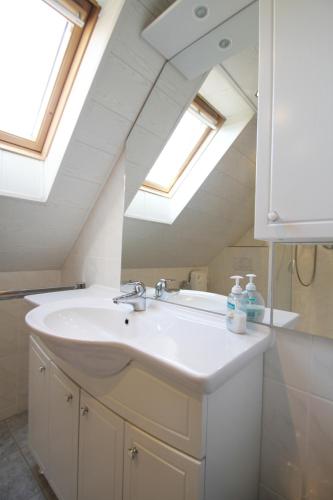 a bathroom with a sink and a mirror at Ferienwohnung Edelbrenner in Rimbach