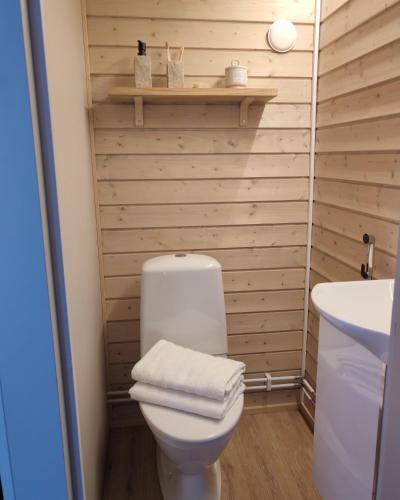 Villa Louhikko - Aavasaksa, Lapland في Aavasaksa: حمام مع مرحاض أبيض ومغسلة