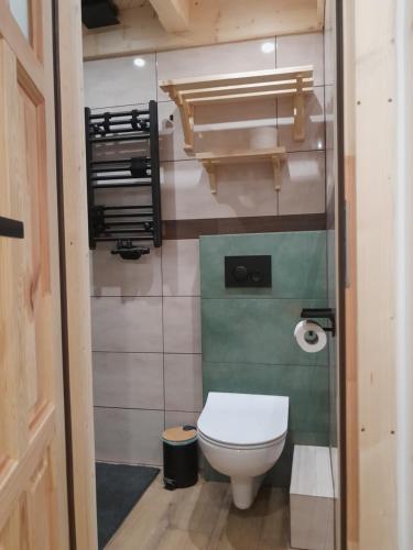 a small bathroom with a toilet in a room at Domek GAWRA in Ząb