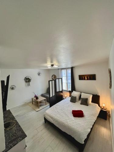 a bedroom with a bed with a red pillow on it at Cocon en vieille ville in Nancy