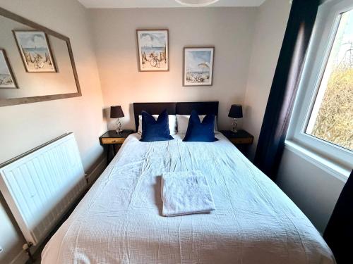 a bedroom with a bed with blue pillows and a window at South Gyle House - SuperFast WiFi and Free Parking - 7 minutes from Edinburgh Airport in Edinburgh