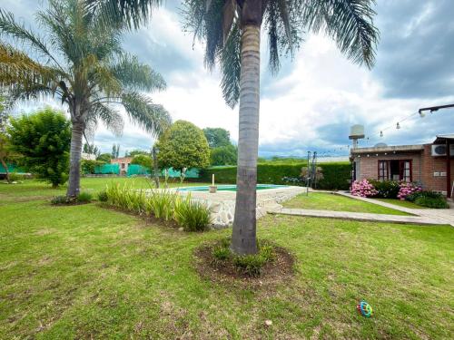 two palm trees in a yard with a pool at Cabaña in Vaqueros