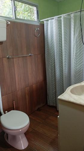 a bathroom with a toilet and a shower and a sink at LAPOSTa555 in Piriápolis