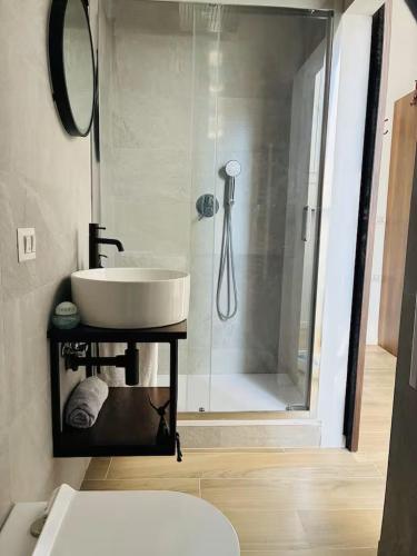 a bathroom with a sink and a glass shower at Urban Nest in Milan