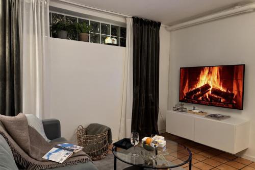 a living room with a couch and a fireplace at Sundsvall By M - Basement Studio in Sundsvall