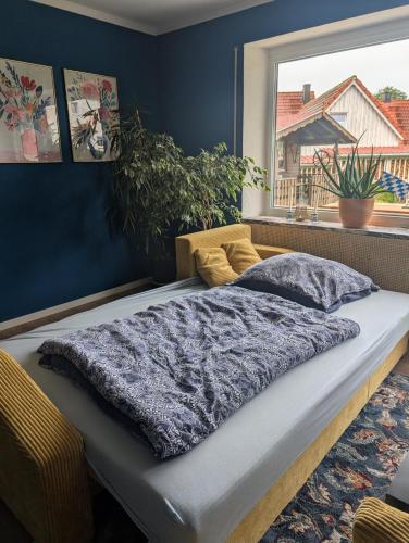 a bed in a blue room with a window at Mente Azul in Pullenreuth