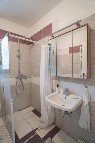 a bathroom with a sink and a shower at Studio apartman LuG in Ravna Gora