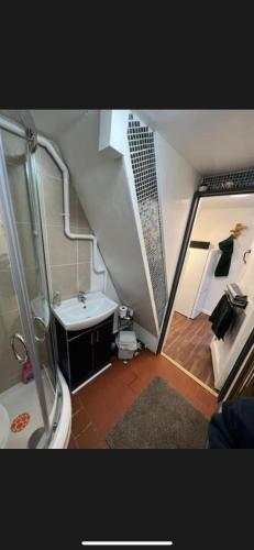 a attic bathroom with a shower and a sink at The Old Hanging Gate Inn in Madeley