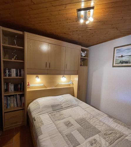 Les Mésanges في Val Cenis: غرفة نوم بها سرير ورف كتب