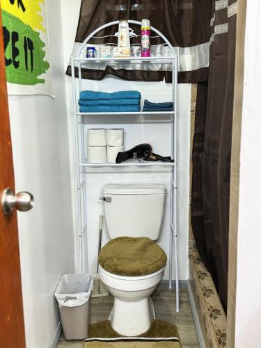 a bathroom with a toilet with a shelf above it at Delva's Villa - Cozy Home near Airport in Ladyville
