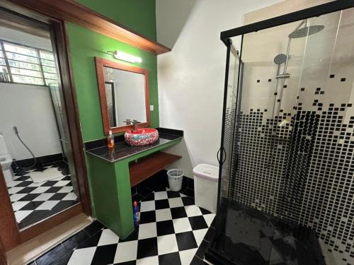 un bagno verde con lavandino e doccia di Solaya Residence - Boutique Beach-House in Kizimkazi with Garden & Parking 