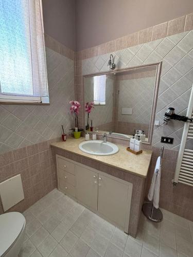 a bathroom with a sink and a toilet and a mirror at LillaBloom in Nocera Inferiore
