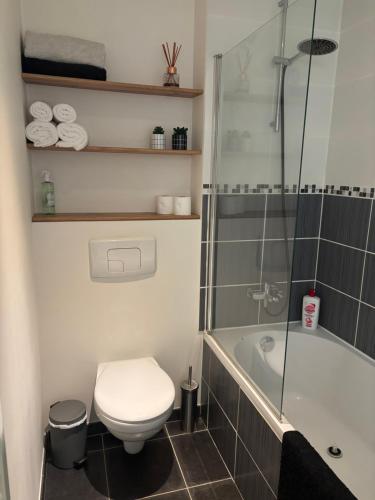 un baño con inodoro y bañera en Maison cocooning, en Saint-Sébastien-sur-Loire