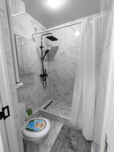 a white bathroom with a shower and a toilet at Apartament modern plaja Nistrului in Soroca