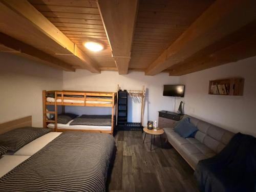 a bedroom with a bed and a couch and a bunk bed at Apartmány Roudnice in Jestrabi V Krkonosich