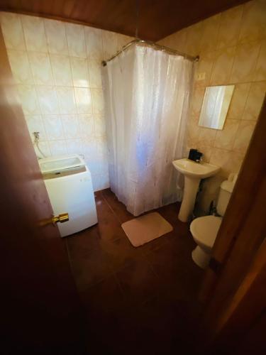 a small bathroom with a toilet and a sink at La casita de Ema in Chile Chico