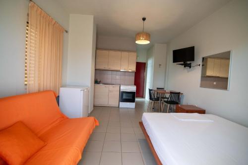 Voula Apartments في ميتيكاس: غرفة نوم مع أريكة برتقالية ومطبخ