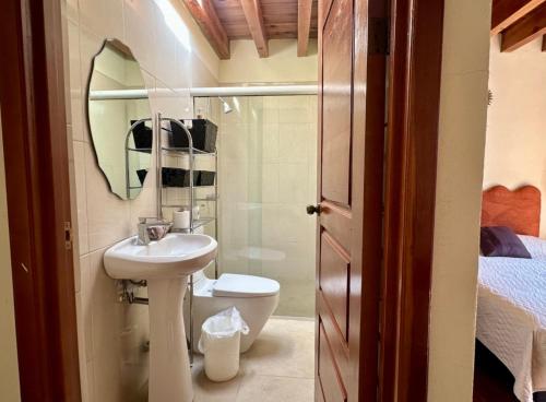 a bathroom with a sink and a toilet and a mirror at Departamento centrico in Durango