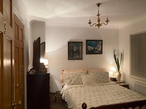 a bedroom with a bed and a chandelier at The Forager's Rest in Briton Ferry
