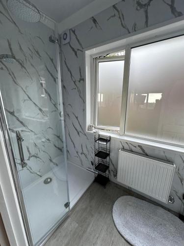 a bathroom with a shower and a window at The Forager's Rest in Briton Ferry