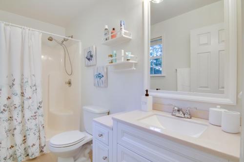 a bathroom with a sink and a toilet and a mirror at Quiet Ocean Pines Retreat Dogs Welcome! in Ocean Pines