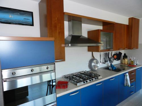 eine Küche mit blauen Schränken und einem Herd mit Backofen in der Unterkunft CASA ELENA 1 in Germignaga