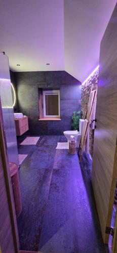 a bathroom with a sink and a toilet with purple lights at Instant Evasion in Châtelet