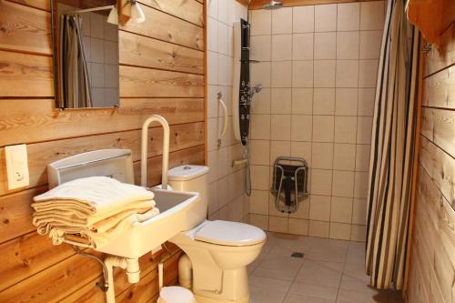 La salle de bains est pourvue de toilettes, d'un lavabo et d'une douche. dans l'établissement Western City Troyes, à Barberey-Saint-Sulpice