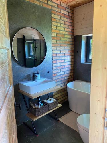 a bathroom with a sink and a tub and a mirror at Domek nad jeziorem w górach in Międzybrodzie Bialskie
