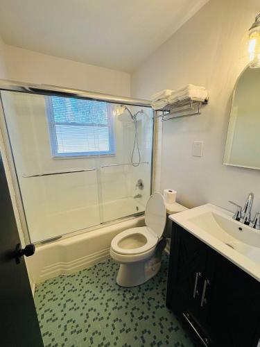 a bathroom with a shower and a toilet and a sink at Redbud Waterfront (Augusta Canal), king bed in Augusta
