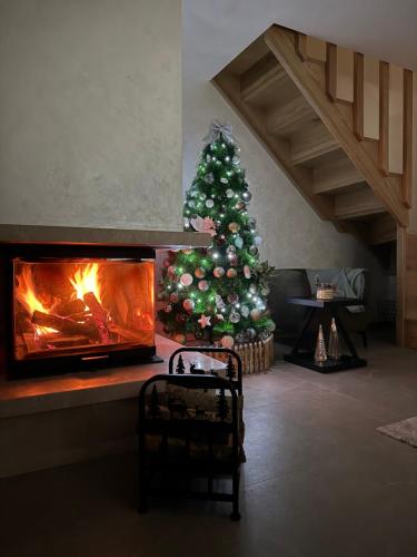 a christmas tree in a living room with a fireplace at Monte zone in Žabljak
