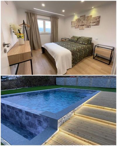 a hotel room with a swimming pool and a bed at Neto Pinto - Casa de férias / fins de semana. in Lourinhã