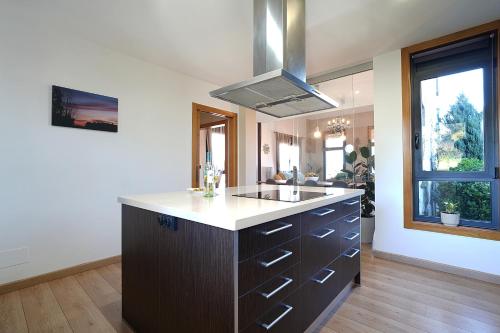 una grande cucina con lavandino e bancone di GALIHOST - Villa Gandara a Ribadumia