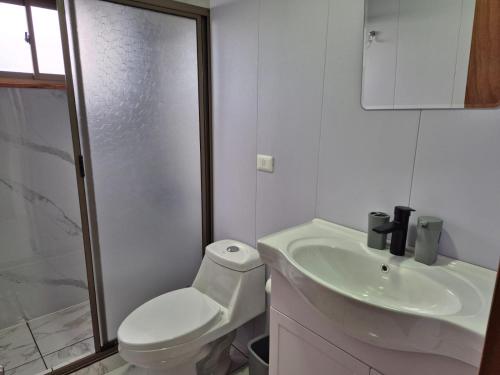 Cabaña Familia في شيلان: حمام أبيض مع مرحاض ومغسلة