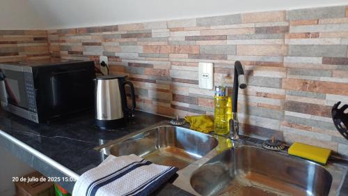 a kitchen counter with a sink and a microwave at Cabaña Alpina Zen in Carmen del Paraná