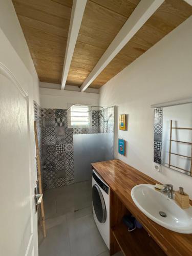 a bathroom with a sink and a washing machine at Appartement neuf a 150 metres de la mer wifi in Le Diamant
