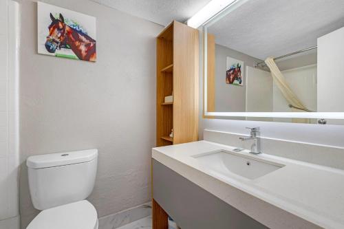 Baymont by Wyndham Richmond KY في ريتشموند: حمام مزود بمرحاض ومغسلة ومرآة