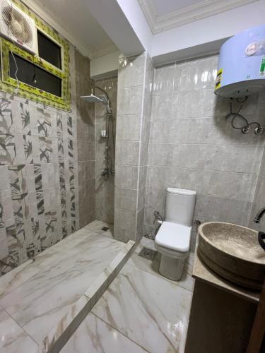 a bathroom with a shower and a toilet and a sink at khufus pyramids view INN in Cairo