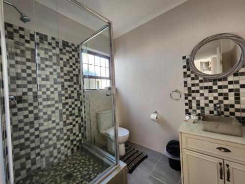 a bathroom with a shower and a toilet and a mirror at Alcyone in Gqeberha