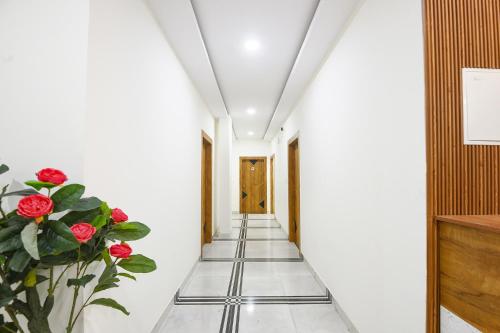 a corridor of a building with a plant at FabHotel Rubicon in Faridabad