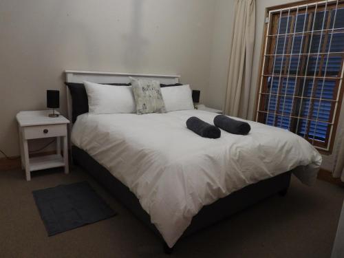 a bedroom with a bed with two pillows and a window at Mountain Zebra Cottage in Graaff-Reinet