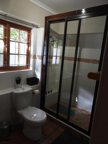 a bathroom with a toilet and a glass shower at Mountain Zebra Cottage in Graaff-Reinet