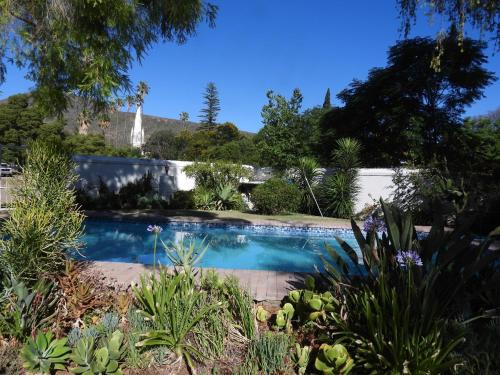 a swimming pool in the middle of a garden at Mountain Zebra Cottage in Graaff-Reinet
