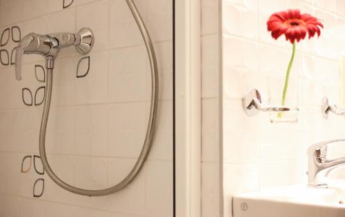 a shower with a red flower in a bathroom at Penzion Recall in Troskovice