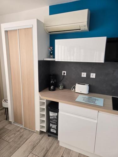 eine Küche mit weißen Schränken und einer Arbeitsplatte in der Unterkunft Studio climatisé 50 m.du port in Saint-Cyprien