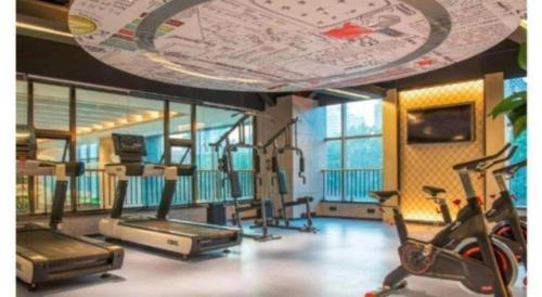 a gym with several treadmills and a large ceiling at ibis xian North Second Ring Weiyang Rd Hotel in Xi'an