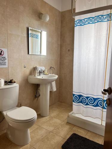a bathroom with a toilet and a sink and a shower at Villa Callione - Amazing view in Kyperounda