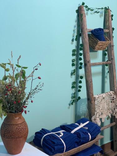 a shelf with blue blankets and a vase on a table at La Verona in Finciu